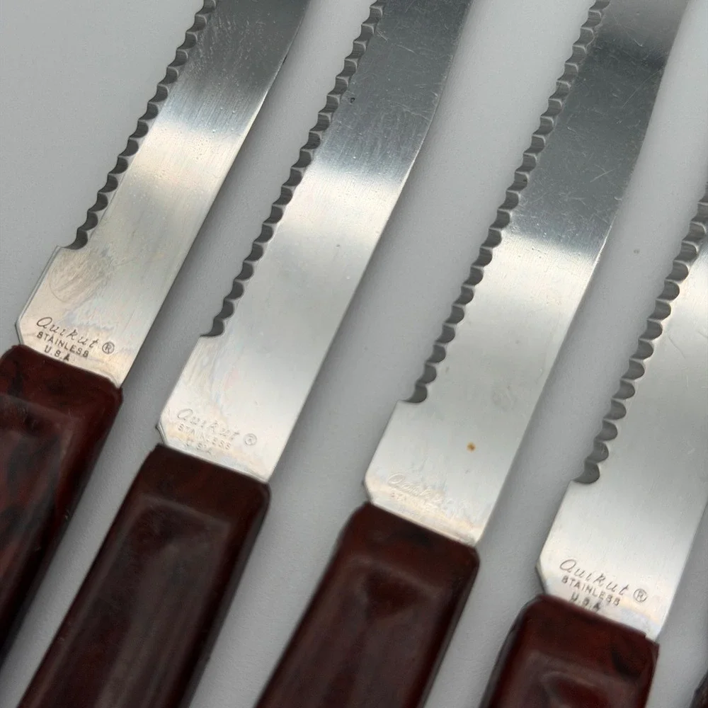 Vintage Quikut Stainless Steel Steak Knives Set of 5 Faux Tortoise Shell USA